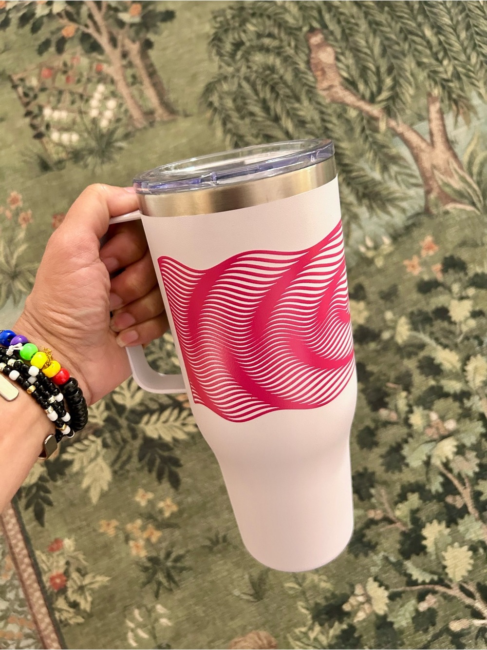 NWT White Travel Tumbler with Pink Wave Design